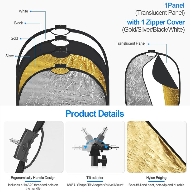 Wellmaking 5x6.5feet/1.5x2M Reflector Photography, Collapsible Light Reflector with Threaded Handle & tilt Adapter, 5 in 1 Handle Reflector for Lighting -Translucent, Silver, Gold, White and Black - Image 3